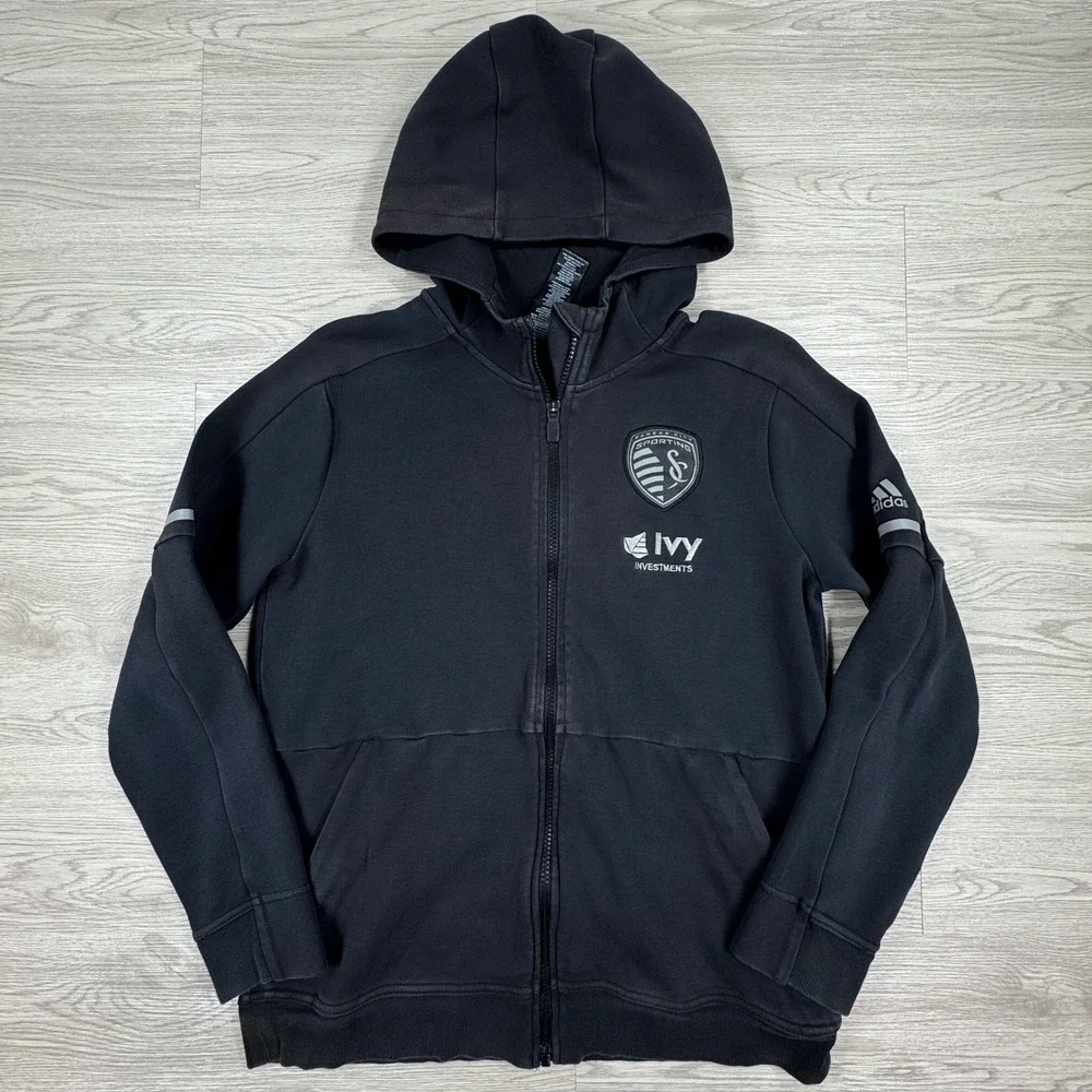 Adidas‎ Youth Boys Hoodie Sporting Kansas City Soccer Full Zip Black Large 14/16